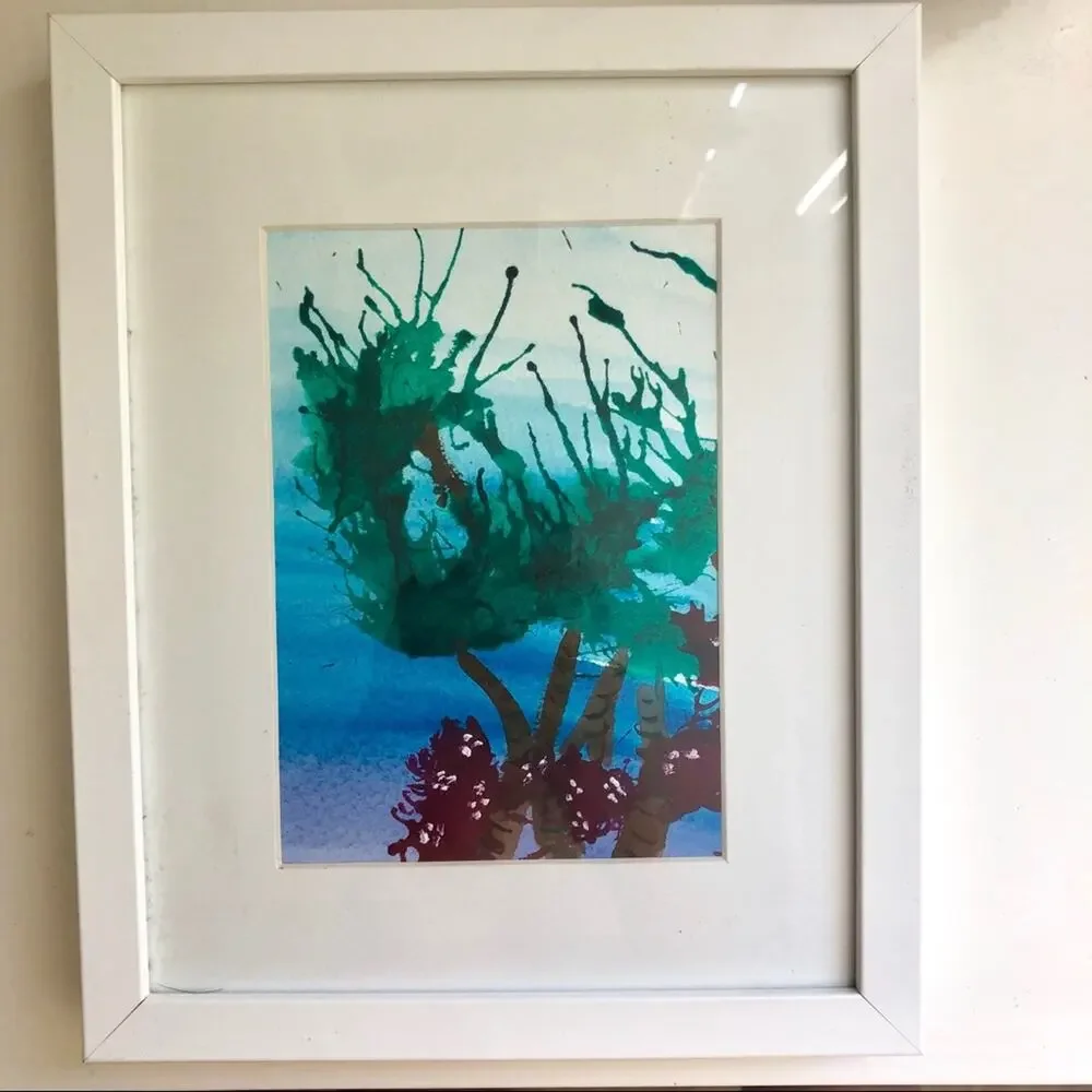 FRAME Original Blow Art Print Red Blue Tropical White Framed Matted 11” x 9